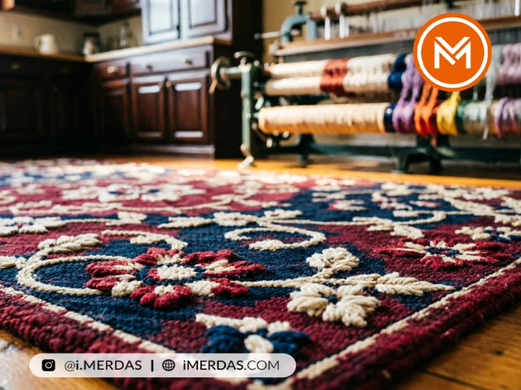نمایش بافت و تار و پود فرش ماشینی با طرح سنتی در کنار دستگاه بافندگی